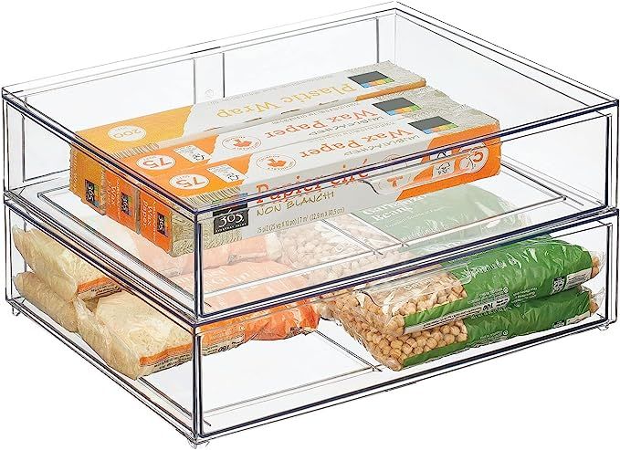 mDesign Wide Plastic Stackable Kitchen Storage with Pull Out Bin Organizer Drawer for Cabinet, Pa... | Amazon (US)