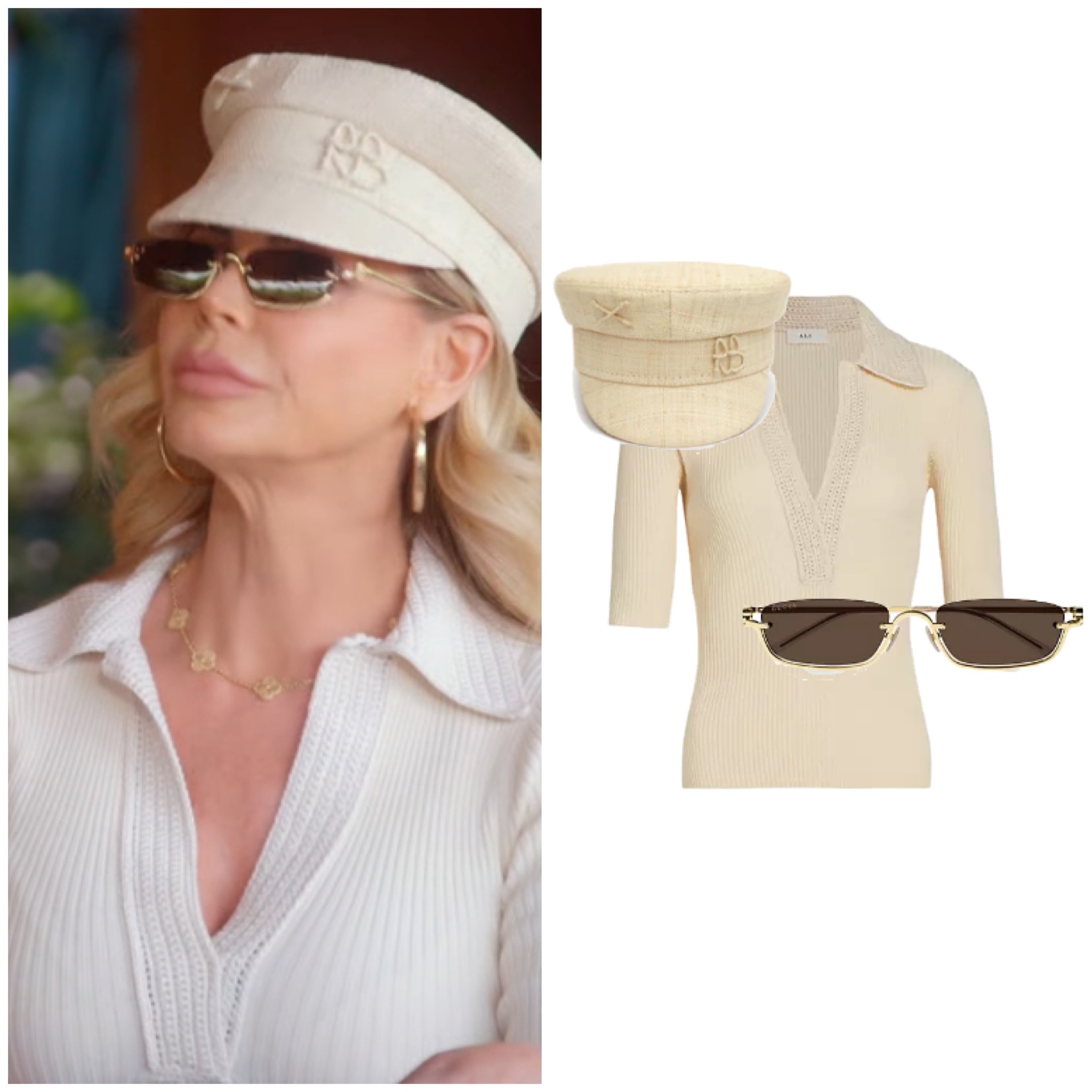 Alexia Echevarria’s Ivory Ribbed Henley Top, Newsboy Cap and Half Rim Sunglasses 