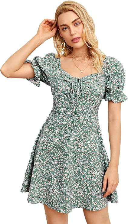 Verdusa Women's Floral Puff Short Sleeve Ruched A Line Dress V Neck Ruffle Mini Short Dresses | Amazon (US)