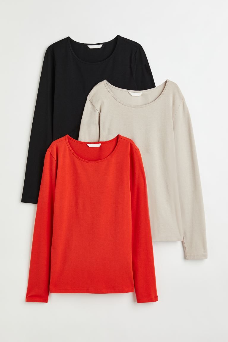 3-pack jersey tops - Black/Light beige/Red - Ladies | H&M IE | H&M (UK, MY, IN, SG, PH, TW, HK)