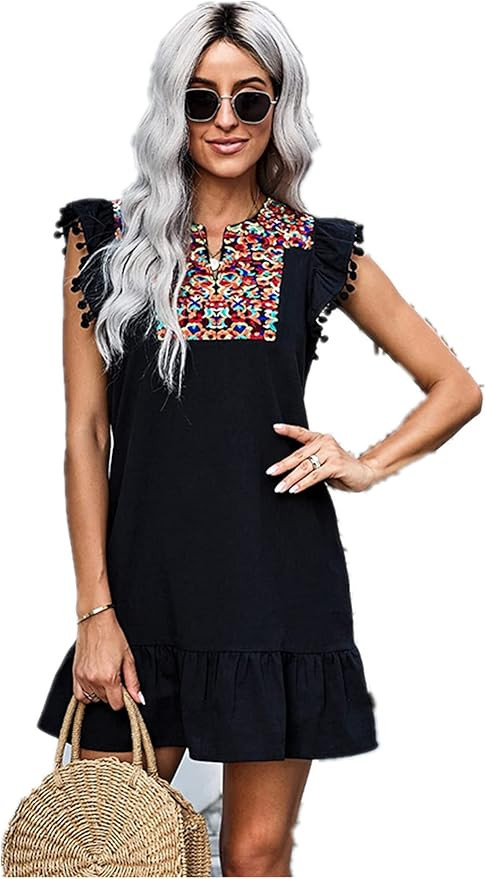 Floerns Women's Summer Floral Embroidery Dress Ruffle Sleeve Round Neck Smock Short Dress | Amazon (US)