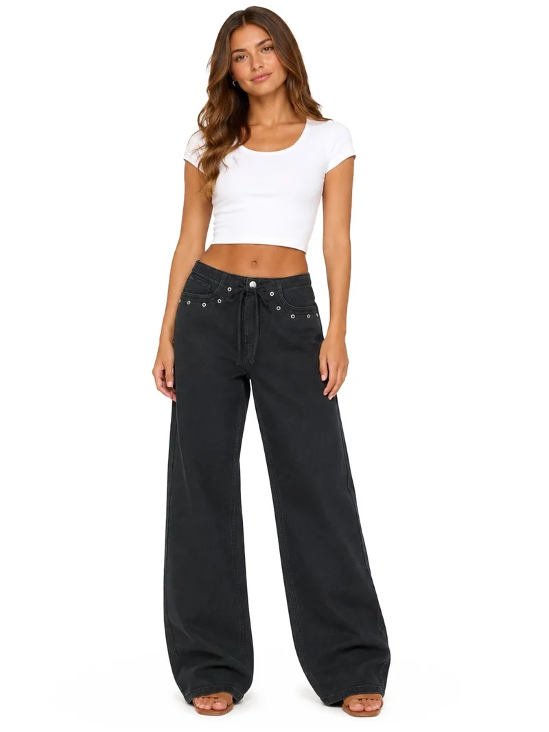 No Boundaries Drawstring Grommet Wide Leg Jean, 32" Inseam, Women's | Walmart (US)