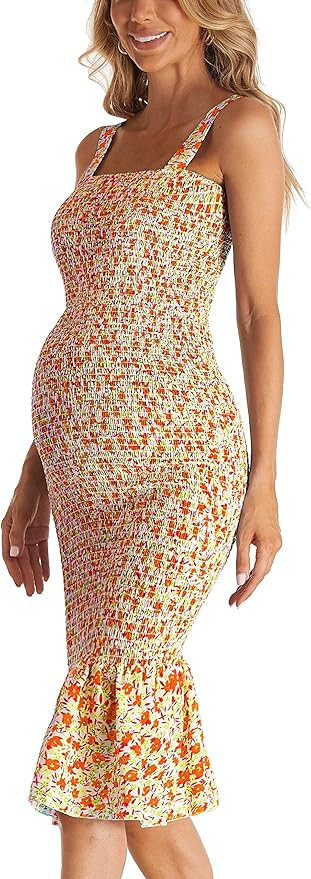 Summer Tank Maternity Dress Sleeveless Strappy Floral Midi Bodycon Square Neck Ruffle Mermaid Smo... | Amazon (US)
