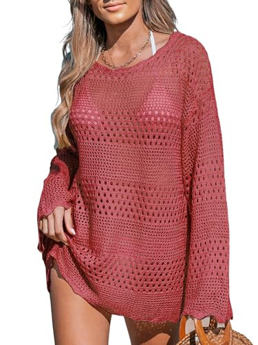 CUPSHE Women Crochet Swimsuit Coverup Hollow Out Knit Beach Cover Up Swimwear Bikini Beach Dress Red Small | Amazon (US)
