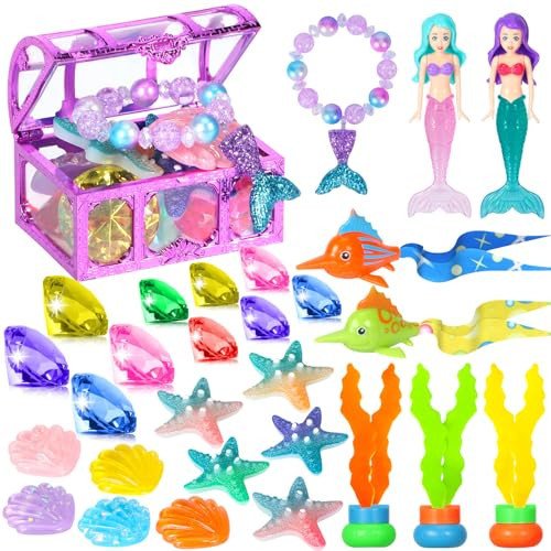 VGOFUN Diving Pool Toys for Kids Ages 3-12, 31 Pcs Mermaid Pool Toys, Diving Gem Toys with Pirate Treasure Chest, Summer Underwater Game Toys Swimming Training Gift for Boys Girls with Storage Bag | Amazon (US)