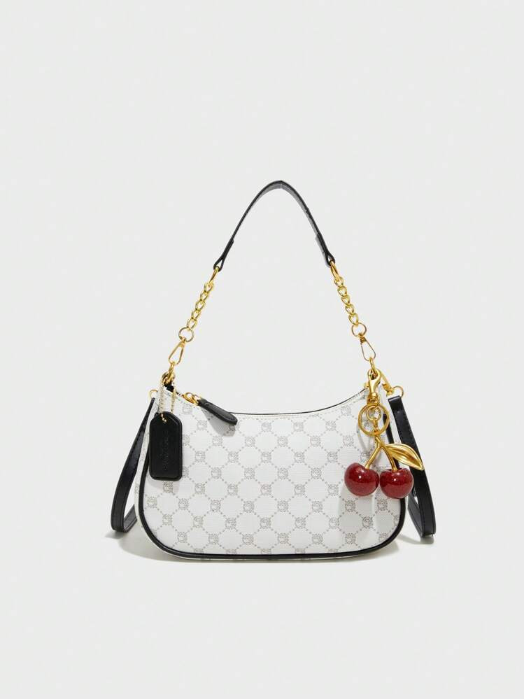 Neuer Modischer Klassischer Schwarzer Multifunktionaler PU-Wasserdichter Stoff, Buchstabenmuster Dekoratives Design, Kontrastfarbige Farbblockstreifen Einfarbige Umhängetasche, Ketten-Umhängetasche, Mit Langem Umhängegurt, Mit Kirschanhänger Dekorativem Design, Damen Business-Umhängetasche, Leicht, Geeignet Für Einkaufen Und Partys, Kann Mitgenommen Werden. | SHEIN