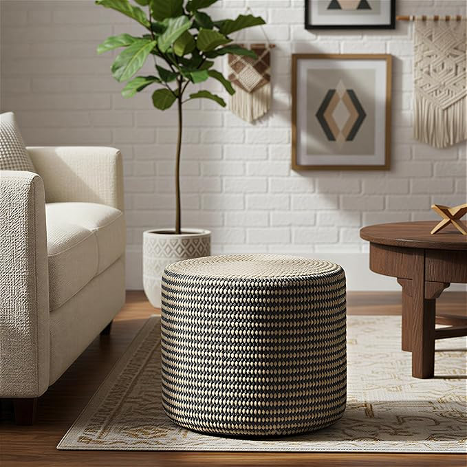 SIMPLIHOME Larissa Round Pouf - 18 inch Wide Hand Braided Jute Ottoman in Sandy Natural/Ebony, Bo... | Amazon (US)