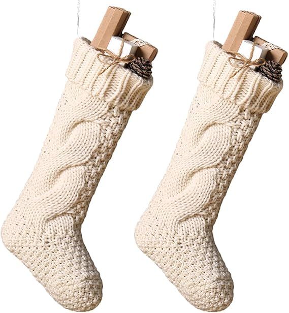 Toes Home 18 Inch Knitted Christmas Stockings, Pack 2 Xmas Gift Bags Cream | Amazon (US)