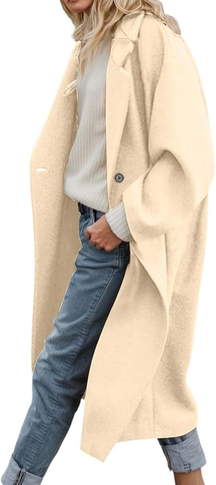 Wool Trench Coat Women Winter Casual Oversized Long Sleeve Notch Lapel Button Double Breasted Lon... | Amazon (US)