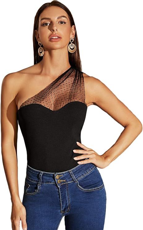 WDIRARA Women's Mesh Polka Dots One Shoulder Sleeveless Slim Fit Elegant Top | Amazon (US)