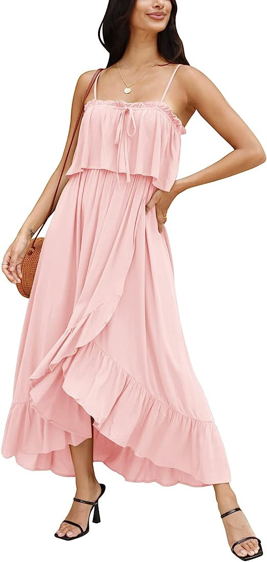 DEEP SELF Women’s Summer Casual Adjustable Spaghetti Strap Maxi Dress Sleeveless Ruffle Hem Hig... | Amazon (US)