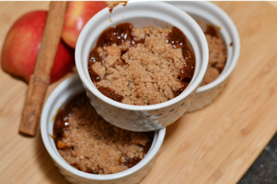 Filling:
5 Granny Smith apples, peeled, cored, chopped small
1/4 cup finely chopped pecans
3 tablespoons all-purpose flour
1/2 cup brown sugar
2 tablespoons maple syrup
1 tablespoon lemon juice

 Topping:
3/4 cup all-purpose flour
1/3 cup brown sugar
1/4 teaspoon ground cinnamon
1/4 teaspoon salt
6 tablespoons chilled butter, cut into pieces
1/4 cup coarsely chopped pecans

 Directions

Preheat oven to 350 degrees F.

For the Filling:
Mix all the ingredients together. Place into 7 to 8-ounce ramekins.

For topping:
Mix the flour, brown sugar, cinnamon and salt in mixing bowl. Add the butter into the mixture and mix until it forms pea size balls. Stir in pecans and sprinkle over apple filling.

Bake for 35 to 40 minutes. Let cool for 10 minutes before serving. Top with vanilla ice cream and get ready to be in apple crisp heaven!