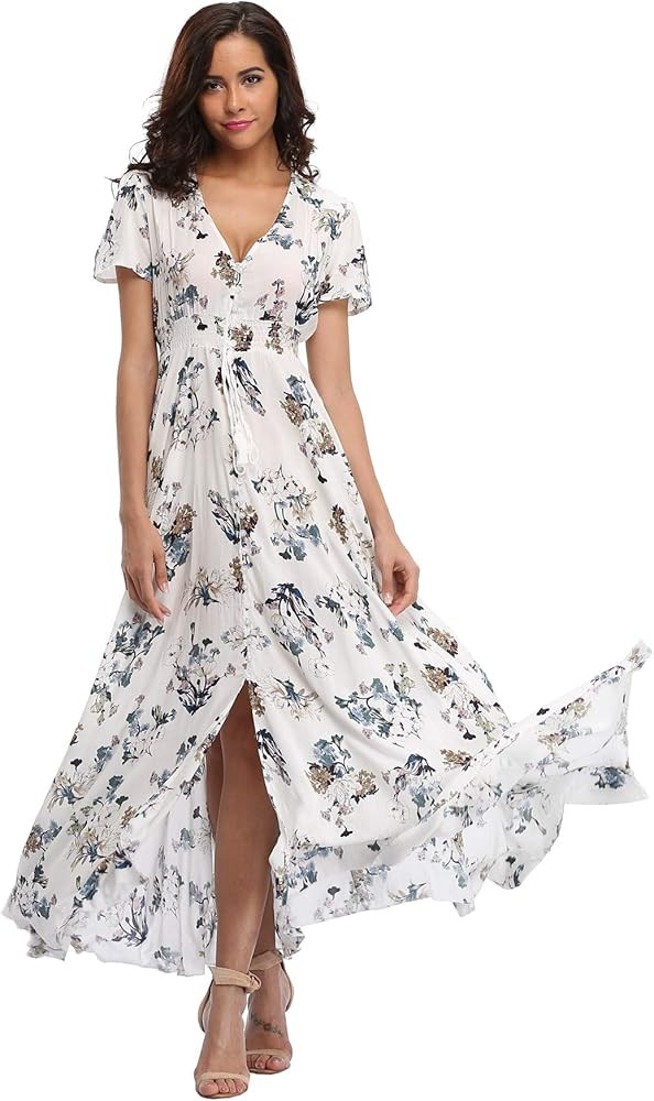 Ferrendo Women's Floral Maxi Dress Button Up Split Flowy Bohemian Party Beach Dresses | Amazon (US)