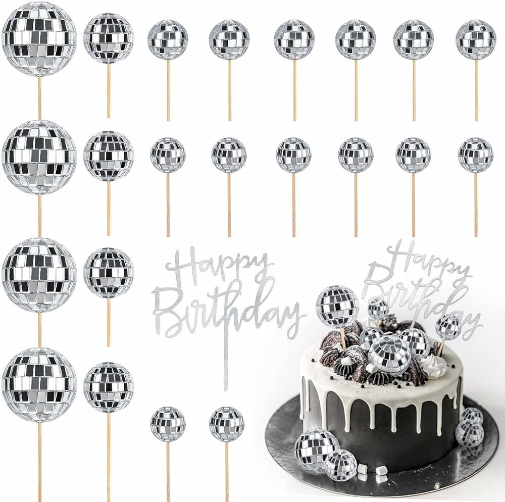 JOERSH 23pcs Disco Ball Cupcake Toppers Happy Birthday Cake Topper - 1970s Disco Ball Cake Picks ... | Amazon (US)