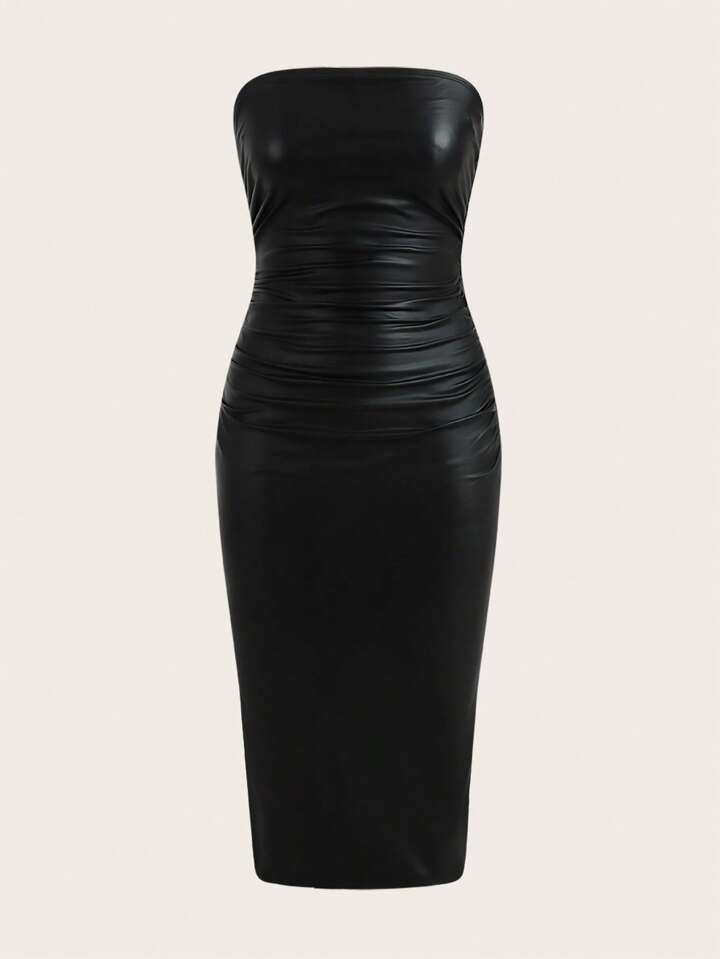 SHEIN Coolane Thigh-Slit PU Leather Bandeau Bodycon Long Dress | SHEIN