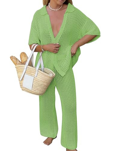 Famulily Beach Cover Ups for Women Beach Outfits for Women 2 Piece Beach Sets for Women Crochet Outfit Lime Green S | Amazon (US)