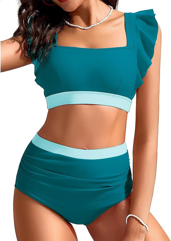 Kate Kasin Womens High Waisted Bikini Sets Ruffle Tummy Control Swimsuits Full Coverage Cheeky Tw... | Amazon (US)