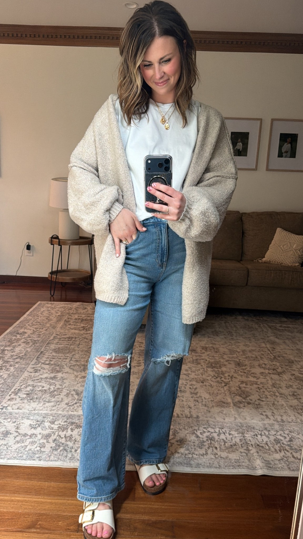 Pinterest outfit inspo - as seen on TikTok! Wearing large in tee and cardigan and small in jeans. 5’5” for reference and 150 lbs. Jeans, necklace, and shoes Walmart!

#LTKSpringSale #LTKMidsize #LTKootd
