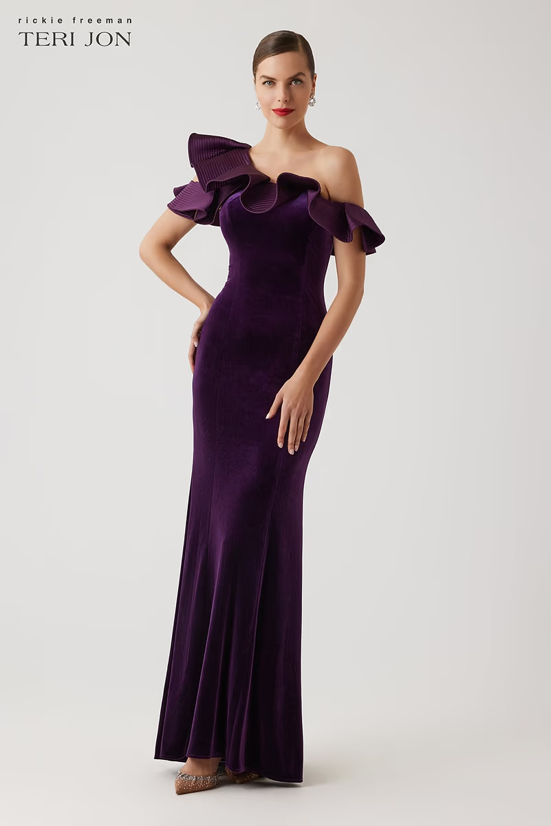 Velvet Ruffle Asymmetrical Gown | TERI JON