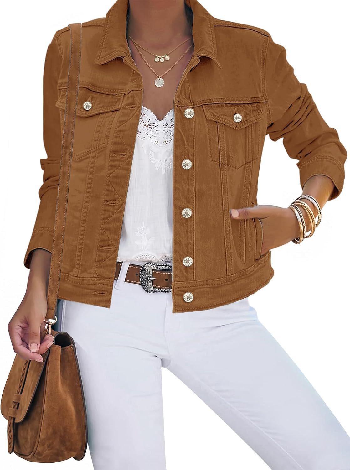 luvamia Women's Basic Button Down Stretch Fitted Long Sleeves Denim Jean Jacket | Amazon (US)