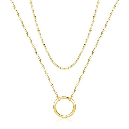 Fettero Layered Necklace Gold Satellite Chain Choker Hammered Open Karma Circle Pendant 14K Gold Plated Dainty Simple Jewelry for Women | Amazon (US)