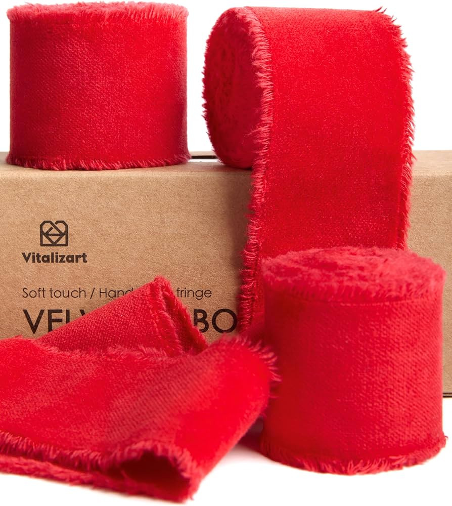 Vitalizart Red Velvet Ribbon 1-1/2 Inch Handmade Frayed Fringe Fabric for Christmas Wreath Craft ... | Amazon (US)