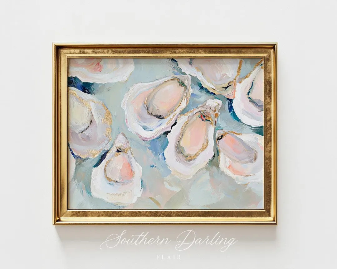 Neutral Gold Oyster Shell Painting, Coastal Pastel Color Grandmillenial Art, Fisherman, Kitchen P... | Etsy (US)