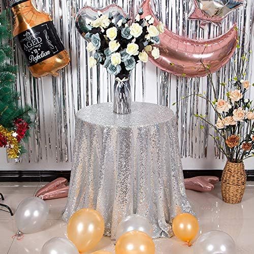 JYFLZQ Silver Sequin Tablecloth 70" Round Sparkly Drape Table Cloths Table Cover Overlay for Wedding | Amazon (US)