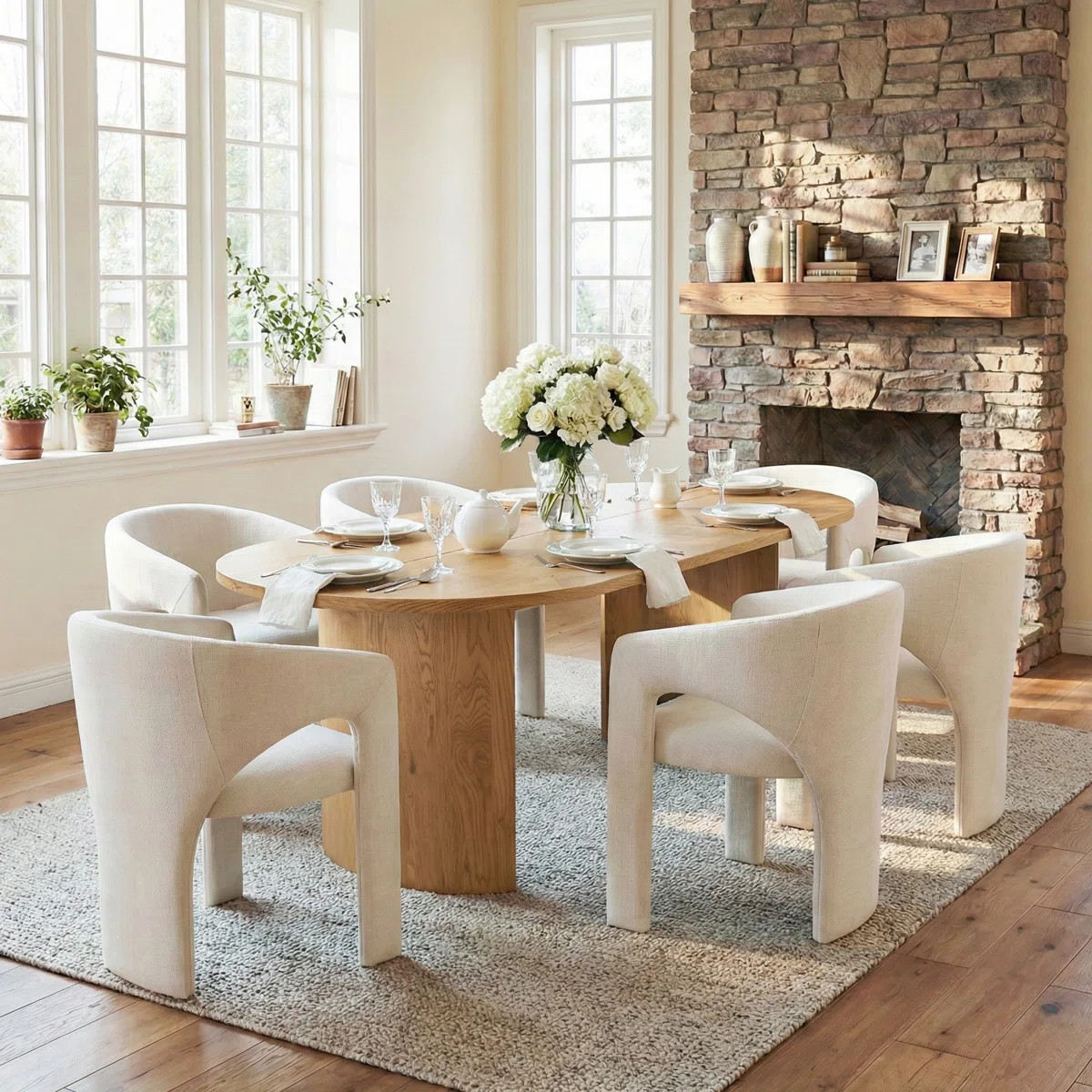 7 Piece Modern Dining Set With 79" Oak Oval Pedestal Table & 6 Sculptural Wide-Seat Arm Chairs | Wayfair North America