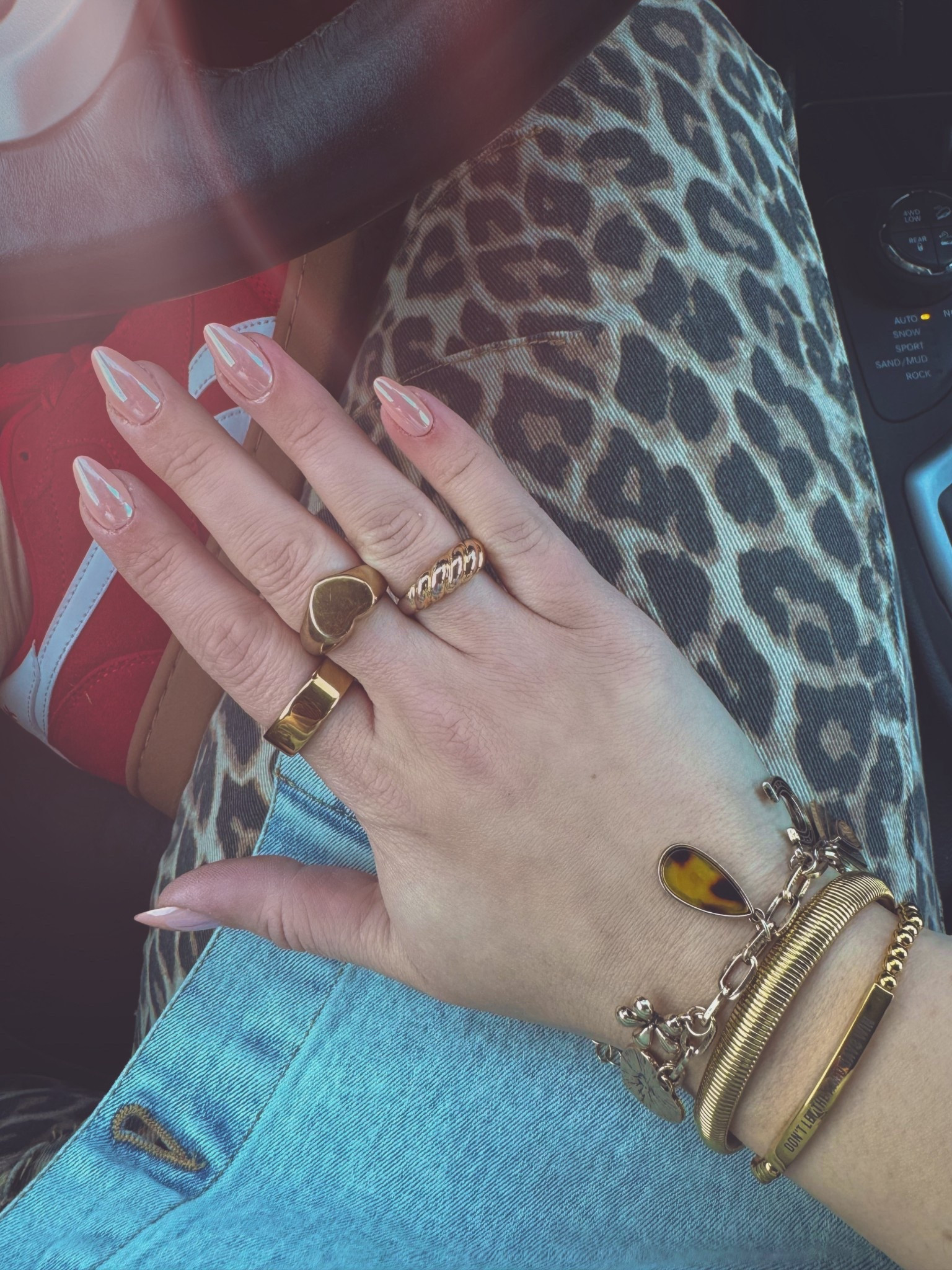 Gold Jewelry rings stack Oura ring leopard pants buckle sahira