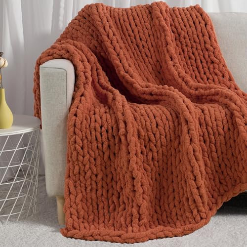 Carriediosa Chunky Knit Throw Blanket 60" X 80" Twin, 100% Hand Made Large Chenille Loop Yarn Soft Fluffy Throws for Couch Sofa Bed, Big Crochet Cozy Heavy Thick Cable Woven Blankets, Rust | Amazon (US)