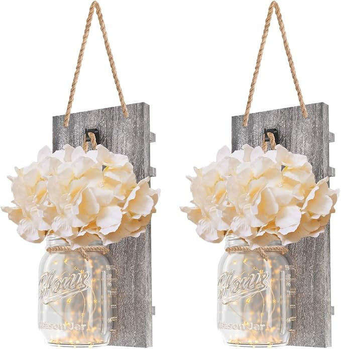 2 Pcs Mason Jar Lights l Premium Mason Jar Sconces with 6 Hours Timer Mason Jars Lights with Silk... | Amazon (US)