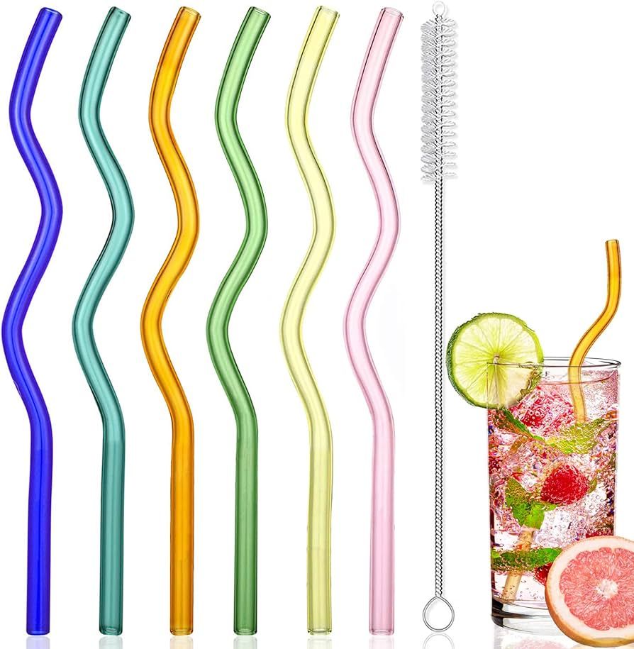 6-PACK Wavy Glass Straws,7.87"\u00d78MM Reusable Colorful Glass Straws with 1 Cleaning Brush-Perf... | Amazon (US)