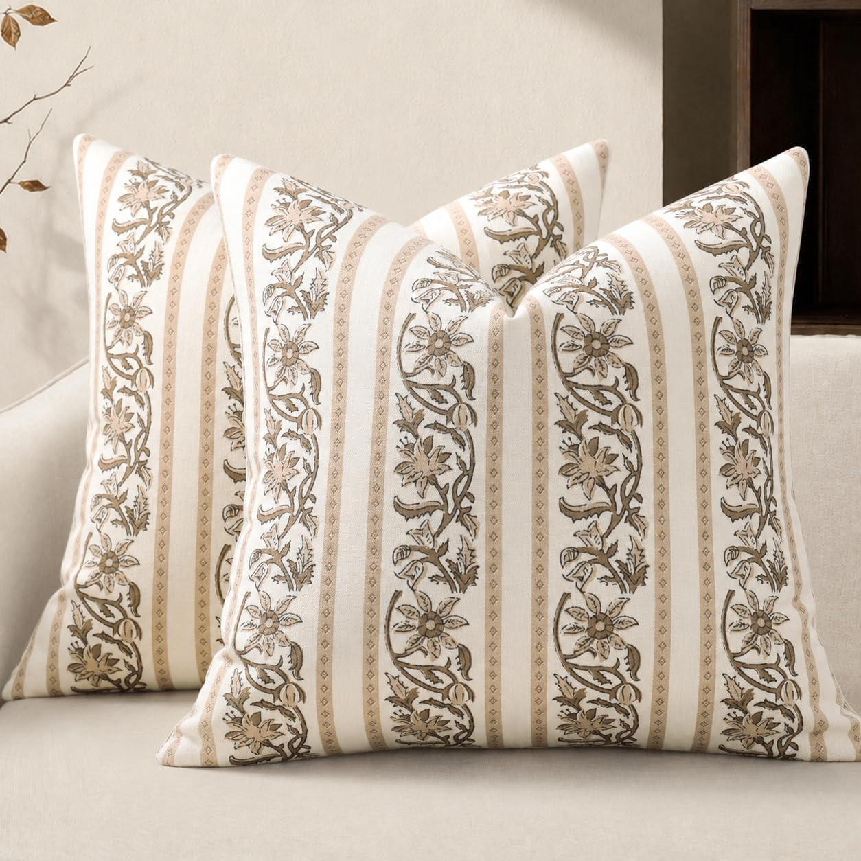 YCOLL Vintage Striped Floral Fall Pillow Covers 18x18 Set of 2, Country Botanical Decorative Cushion Covers Rustic Farmhouse Home Decor for Sofa Couch Chair Bed Living Room, Oatmeal Brown | Amazon (US)