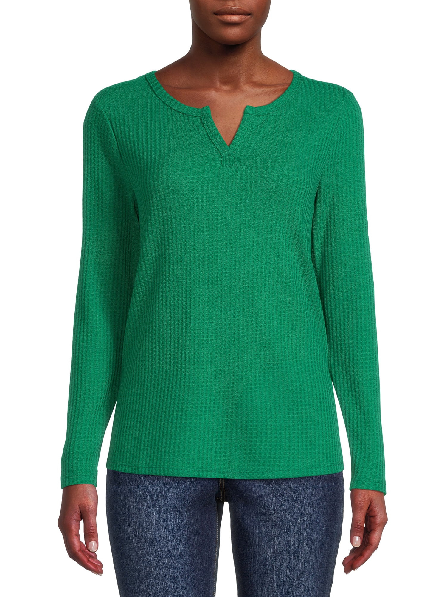 Nine.Eight Women's Waffle Knit Henley with Long Sleeves - Walmart.com | Walmart (US)
