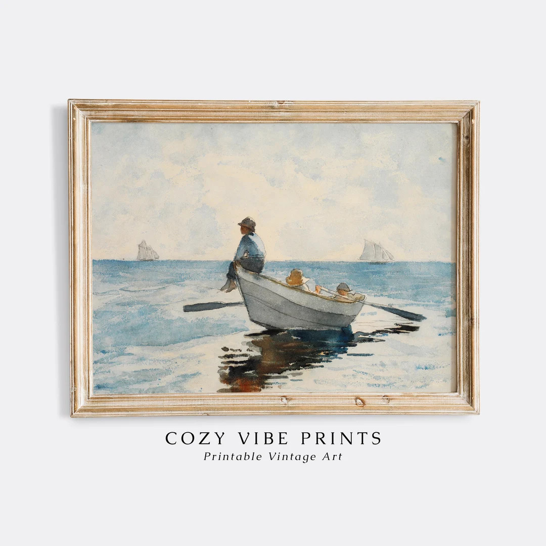 Boys in a Rowboat Watercolor Painting, Vintage Printable Seascape Wall Art, Nautical Neutral Tone... | Etsy (US)
