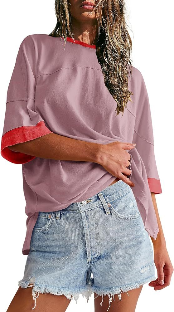 SENSERISE Womens Crewneck T Shirt Oversized Color Block Half Sleeve Side Slit Tee Tops Baggy Basi... | Amazon (US)