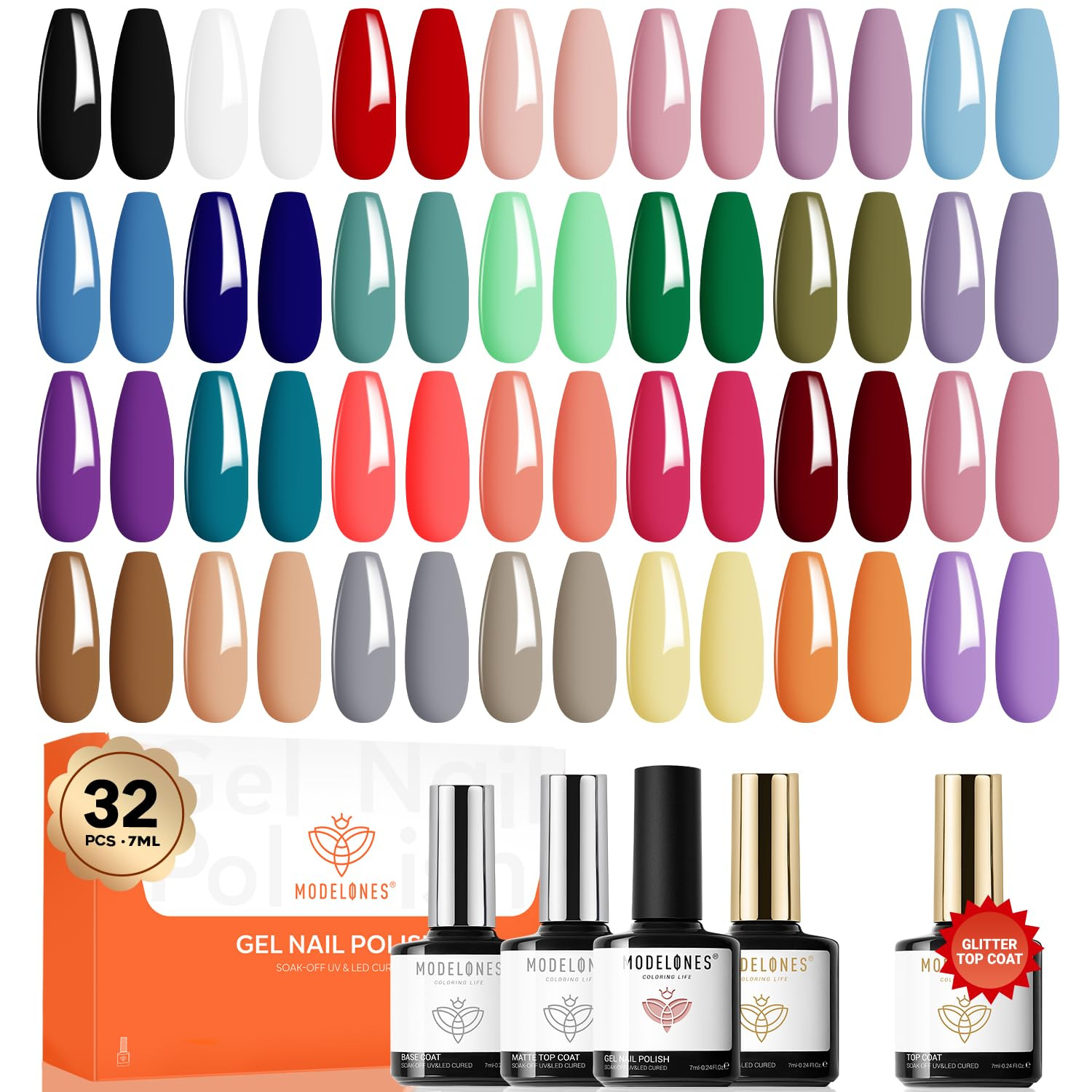 modelones 32 PCS Gel Nail Polish Set, 28 Colors Gel Polish with No Wipe Base Coat, Glitter & Glos... | Amazon (US)