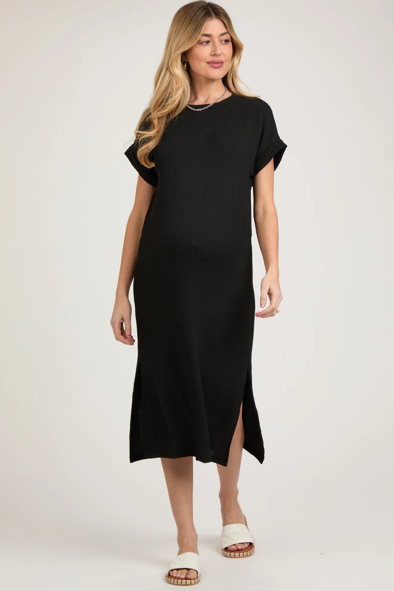 Black Ribbed Short Sleeve Maternity Midi Dress | PinkBlush Maternity