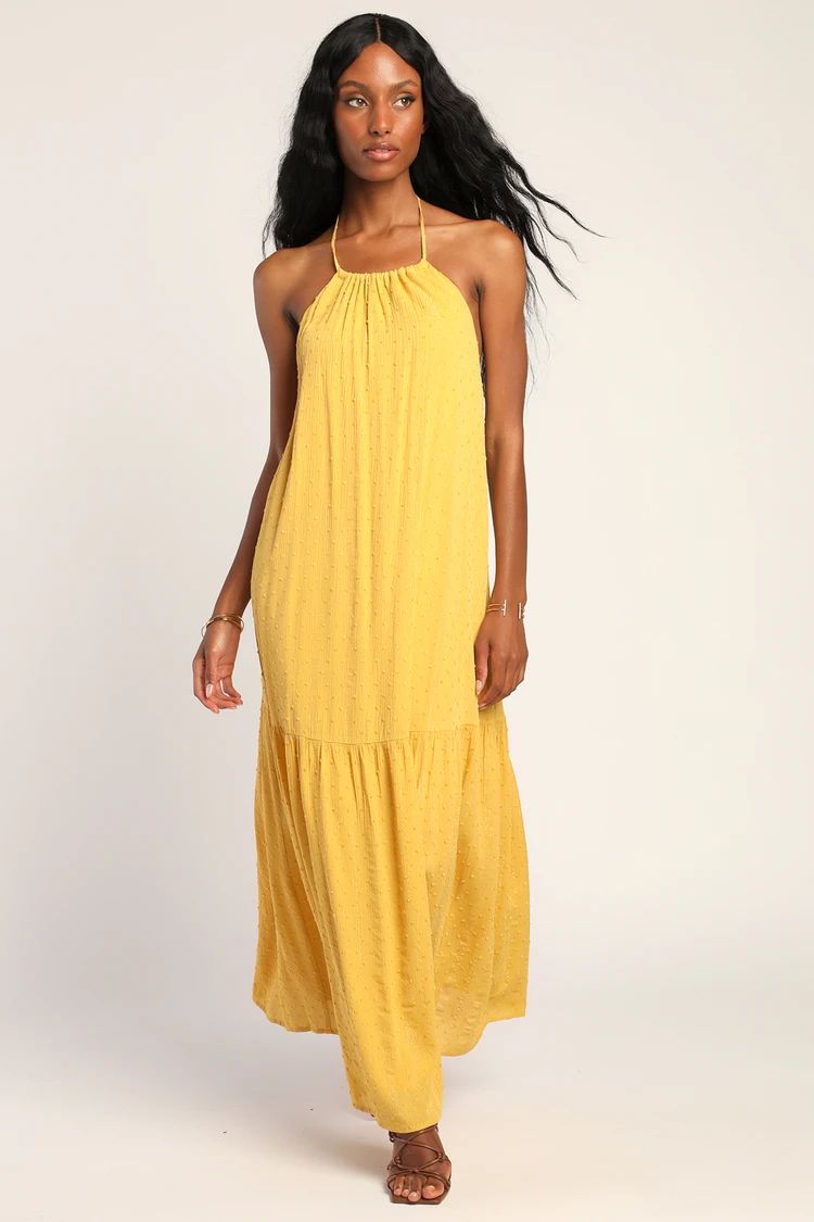 Downright Divine Yellow Swiss Dot Halter Maxi Dress | Lulus (US)