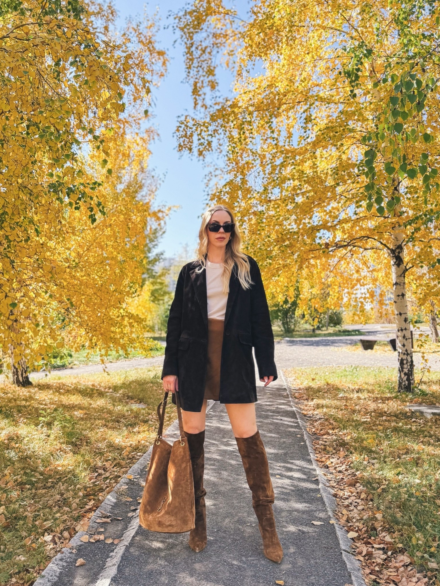 Dark brown suede blazer, suede mini skirt with tall boots, suede bucket bag, fall outfit with suede skirt

#LTKOver40 #LTKSeasonal #LTKSaleAlert