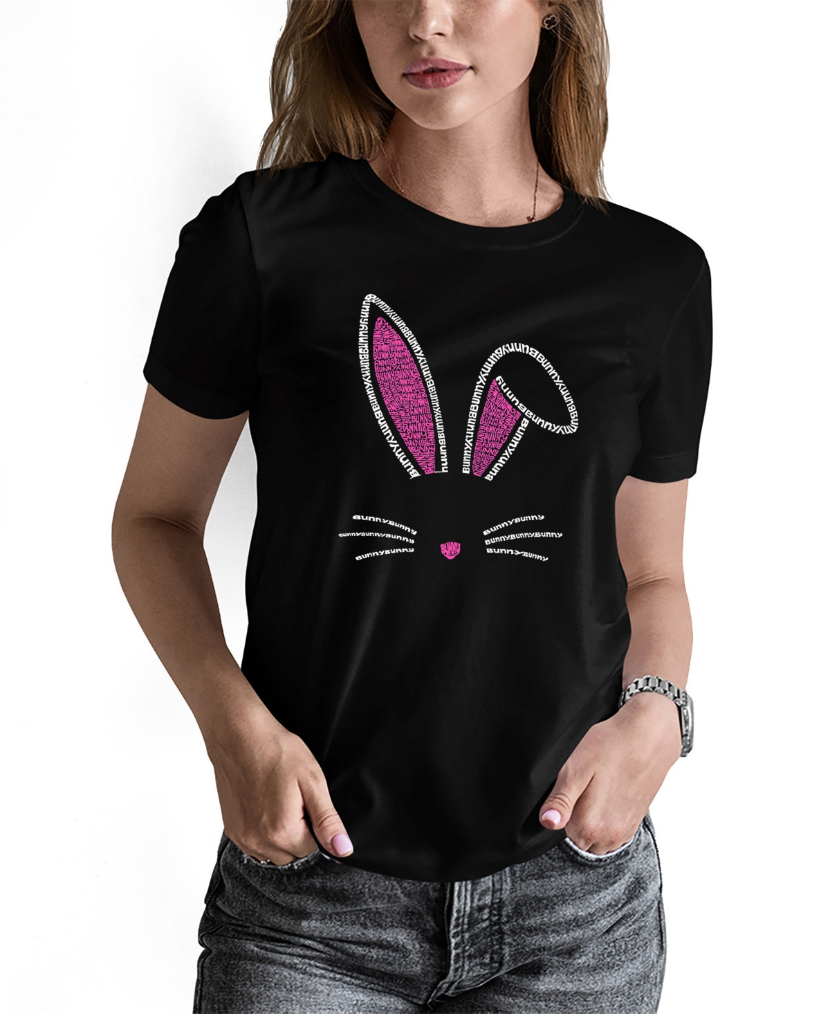 La Pop Art Women's Word Art Bunny Ears Short Sleeve T-shirt - Black | Macy's