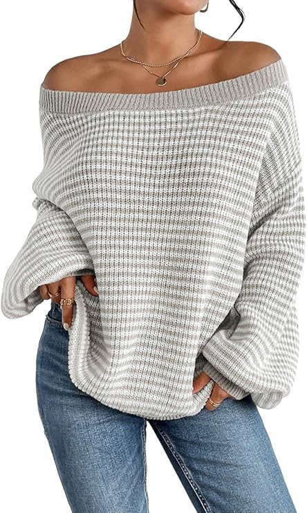 Women's Oversized Striped Sweater Casual Off The Shoulder Sweater Fall Long Sleeve Loose Knit Pul... | Amazon (US)