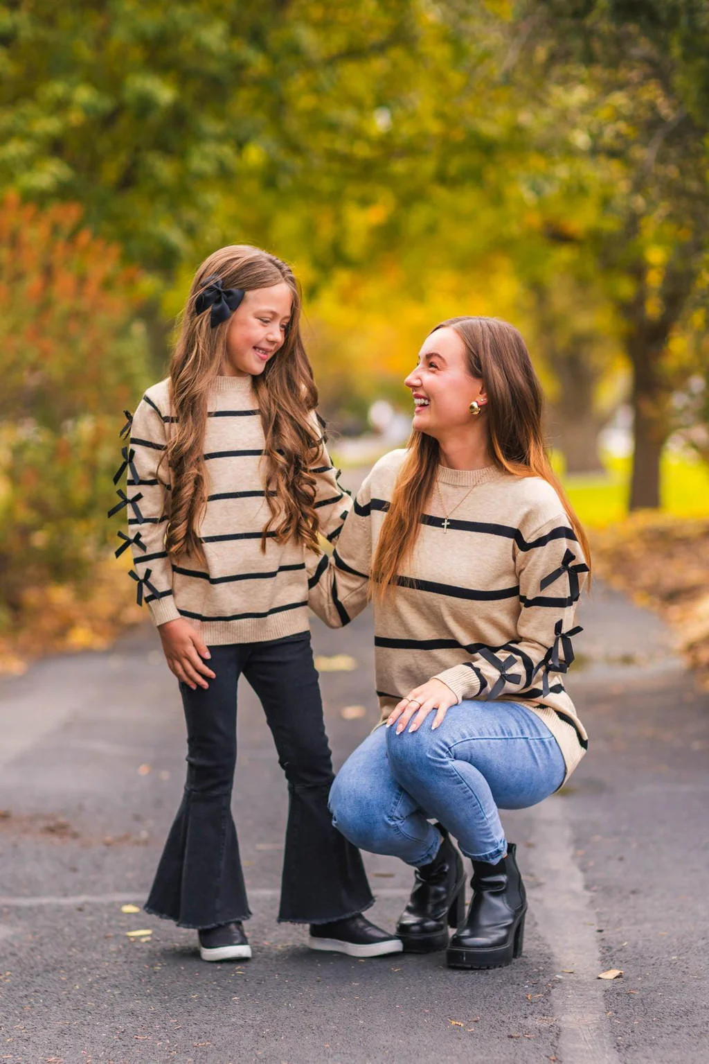 Mom & Me - Striped Bow Sweater & Denim Pant Set | Sparkle In Pink