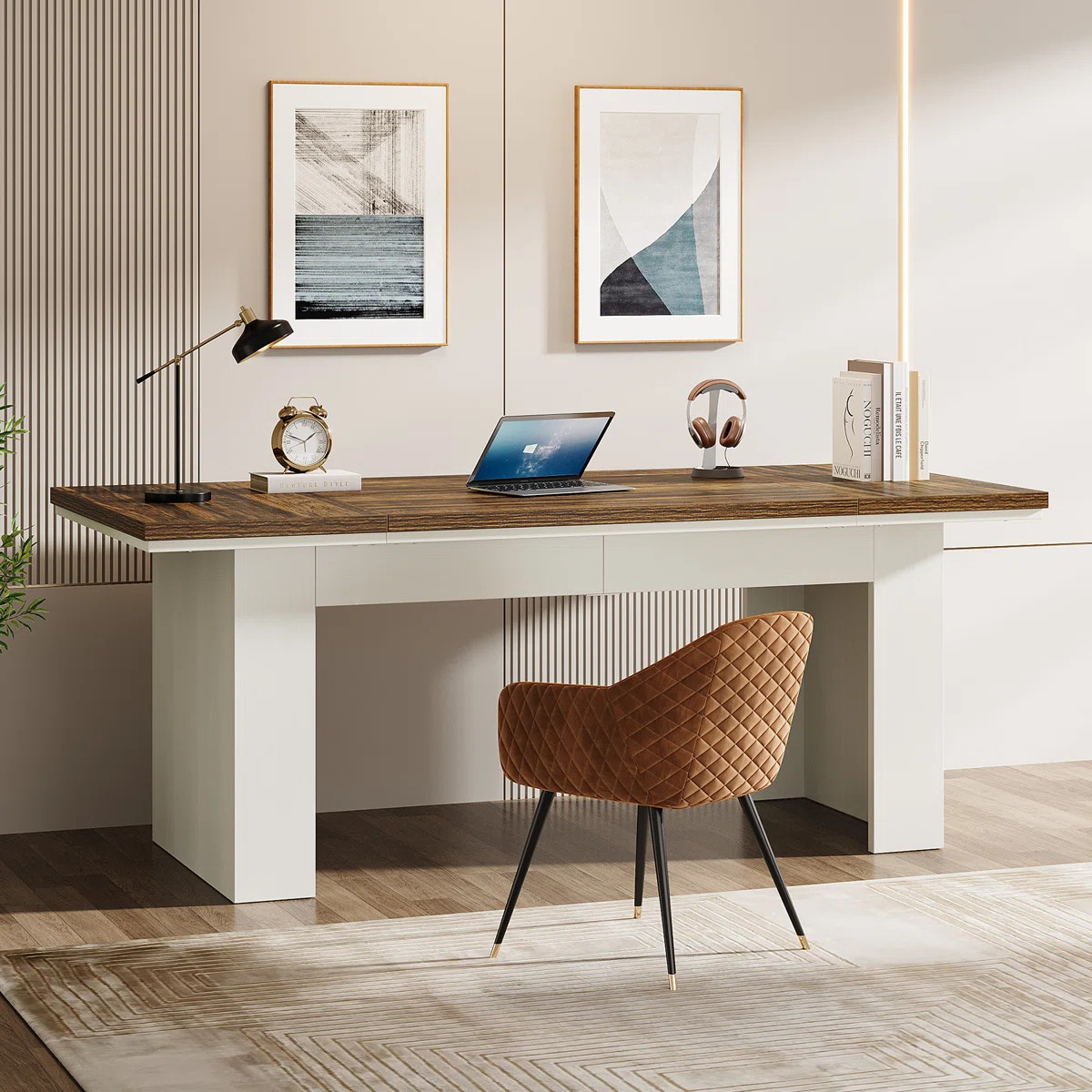 63" Brown White Executive Modern Large Computer Home Office Desk Study Writing Table | Wayfair North America