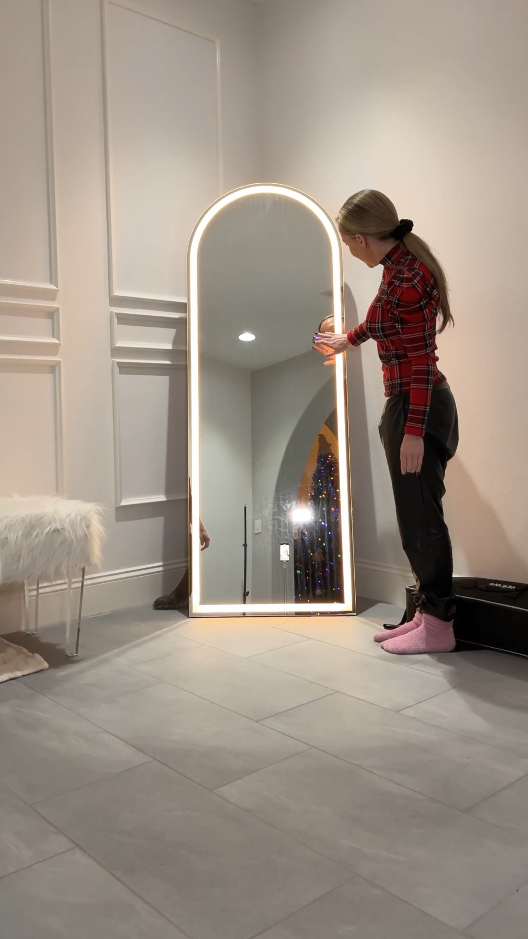 The LED mirror the whole family loves! The mirror lights change to 3 different shades: warm, neutral, cool at the touch of a button. It can be a leaner mirror (it has a stand) or hung. PS don’t judge the outfit and socks 😂 

#LTKHome #LTKFindsUnder100 #LTKWatchNow
