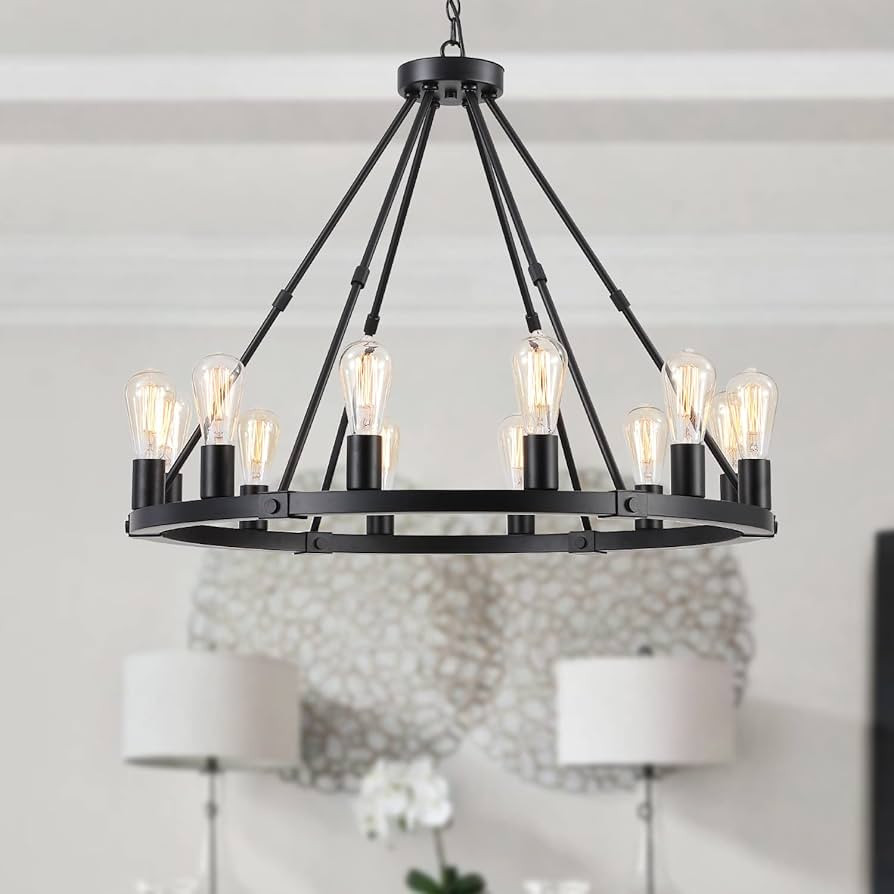 9MMML 12 Lights Black Wagon Wheel Chandelier, Industrial Farmhouse Globe Kitchen Island Pendant L... | Amazon (US)