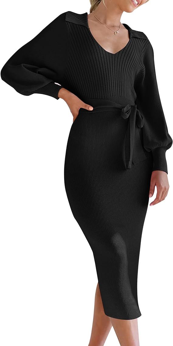 Chriselda Women's 2023 Winter Knitted Sweater Dress Long Sleeve V Neck Collar Ribbed Side Slit Bo... | Amazon (CA)