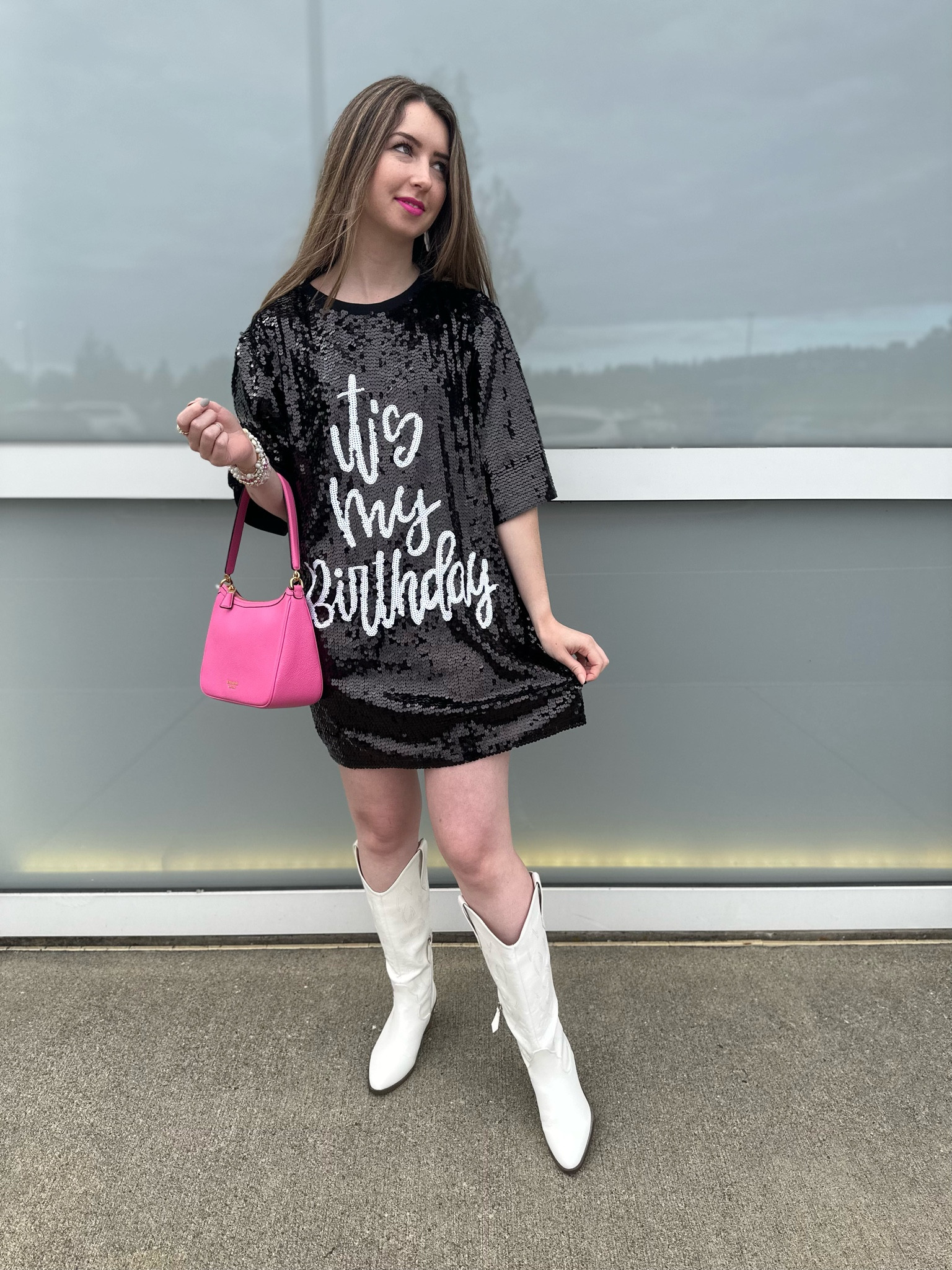 Simple statement birthday outfit! Sequin it’s my birthday shirt dress, white cowboy boots, pink purse. You could style this dress with cool sneakers too! Also loving this leather shoulder bag that comes with a crossbody strap! 

#LTKparties #LTKunder100 #LTKitbag