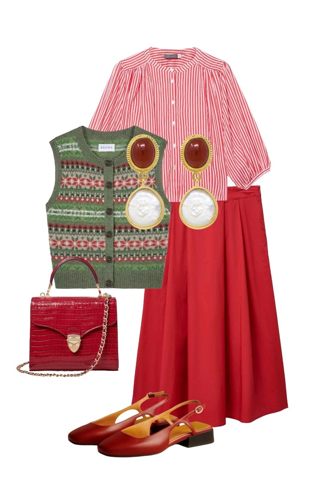 Time for layering - brighten up a grey day with this adorable red skirt and stripe blouse, partnered with a knitted green fair isle waistcoat and red accessories ❤️

Red Stripe Batwing Blouse - Mint Velvet

Green Fair Isle Knitted Waistcoat / Sleeveless Cardigan - Brora

Red Midi Skirt - Crew Clothing

Cherry Red Croc Deep Shine Medium Mayfair Bag - Aspinal of London

Red Slingback Flats - Sezane

Roma Red Carnelian & Pearl Drop Earrings - Wolf & Badger (also available with green stone) 


#LTKspring #LTKluxury #LTKeurope